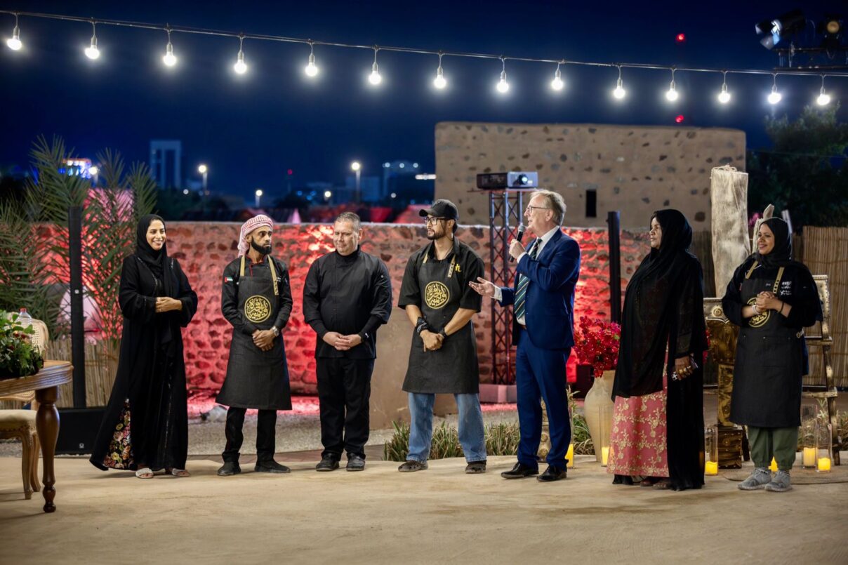 Professor Daniel Newman with chefs at the Medieval banquet in Fujairah